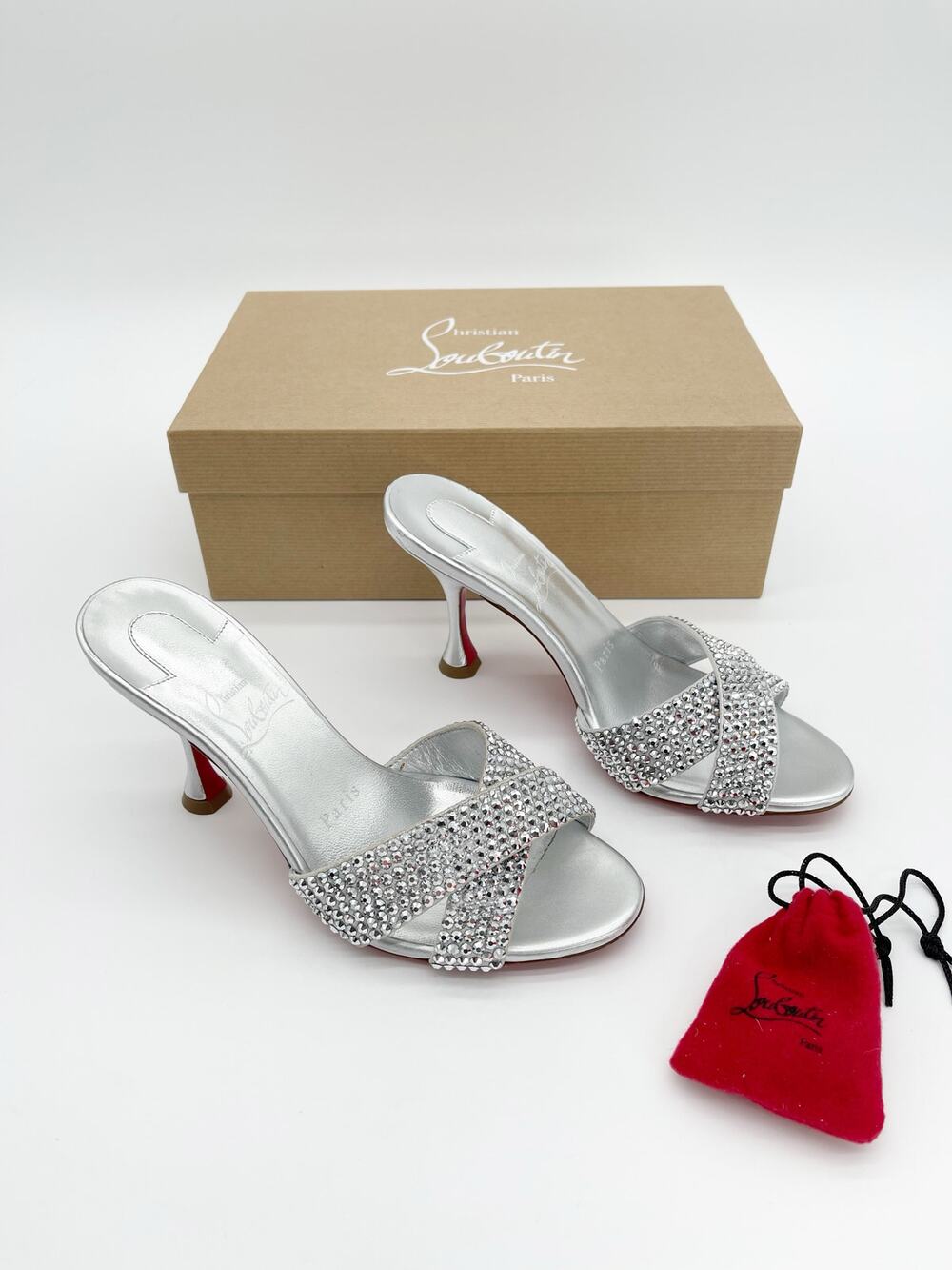 Christian Louboutin Mariza Is Back Strass 85 Silver Mule Sandal Heels EU 36.5